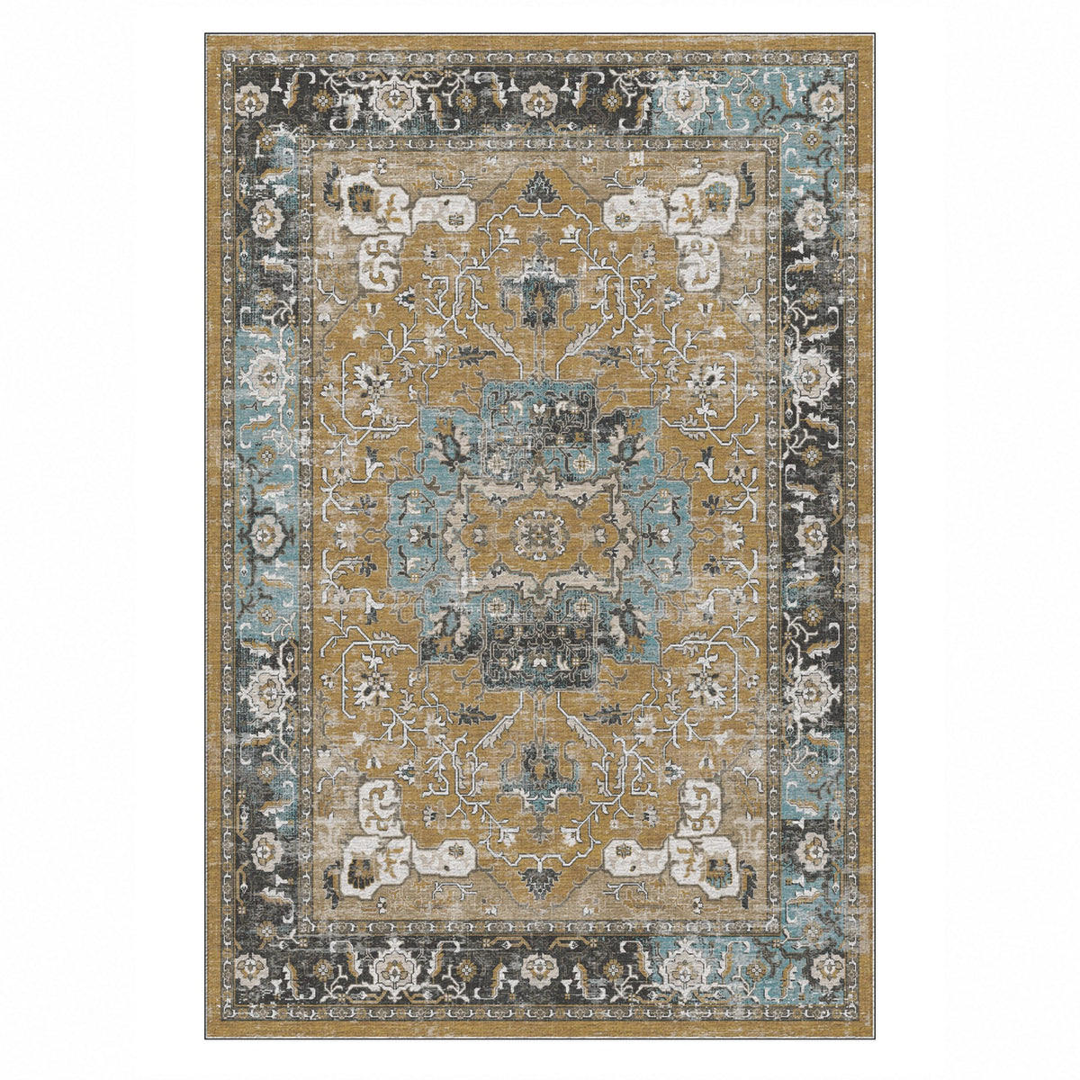Tabriz Medallion Muted Gold Vintage Washable Rug — top view