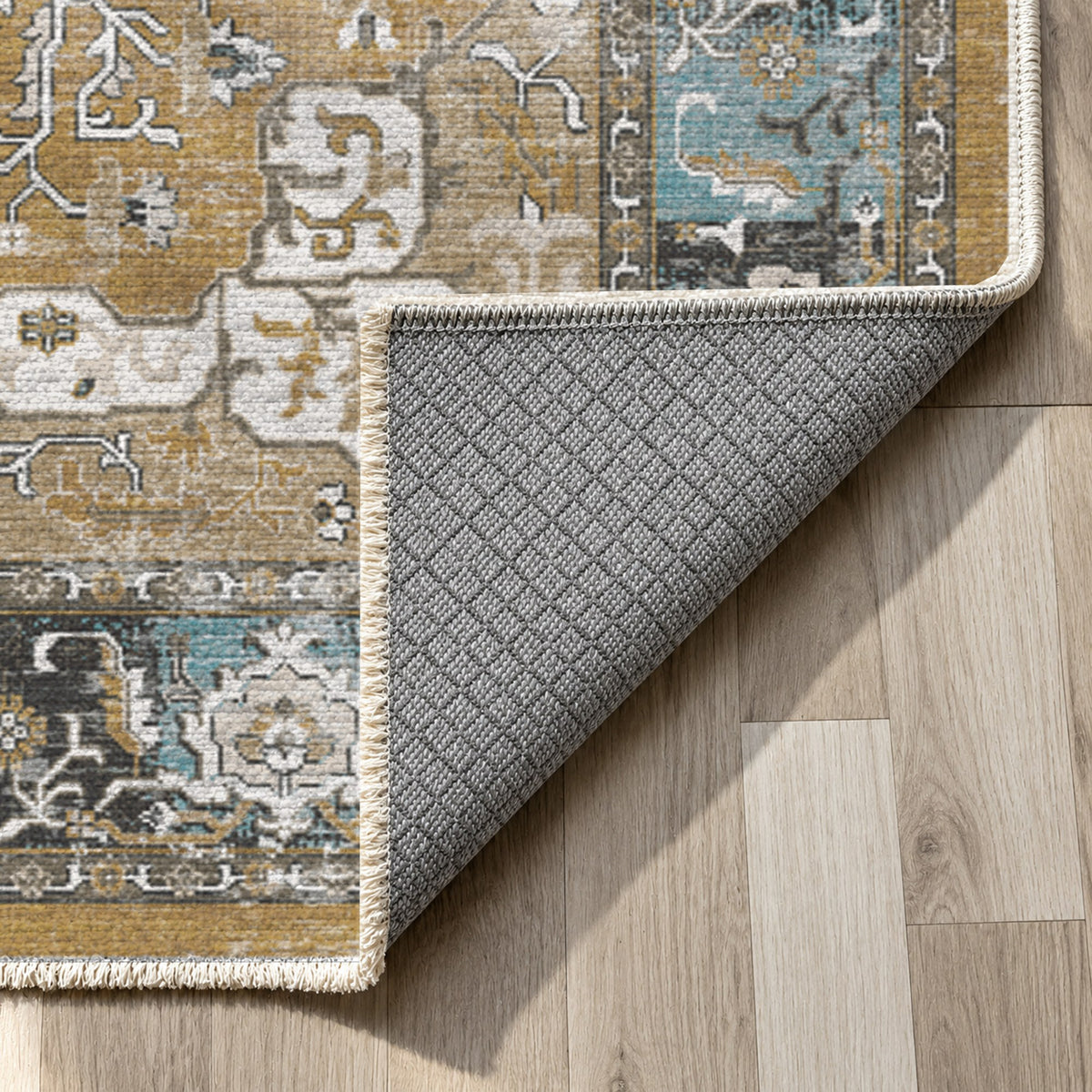 Tabriz Medallion Muted Gold Vintage Washable Rug — backing close up