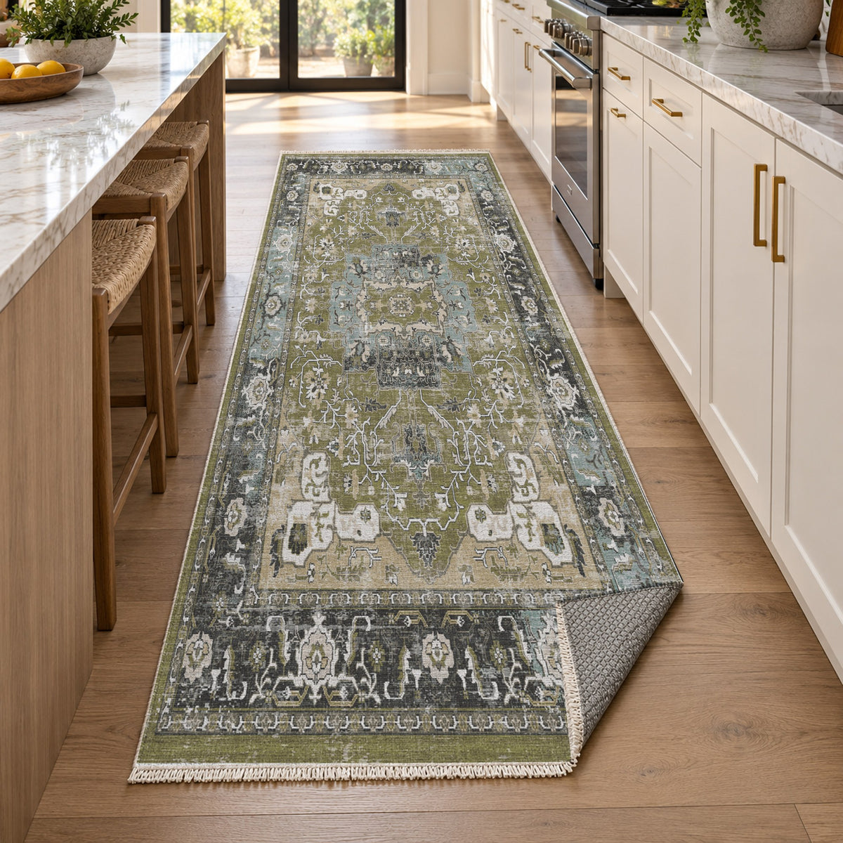 Tabriz Medallion Olive Vintage Washable Rug — new york kitchen runner