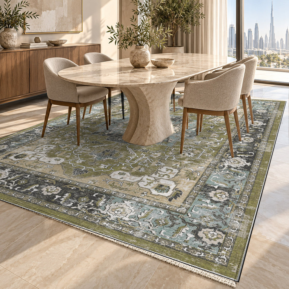 Tabriz Medallion Olive Vintage Washable Rug — dubai dining