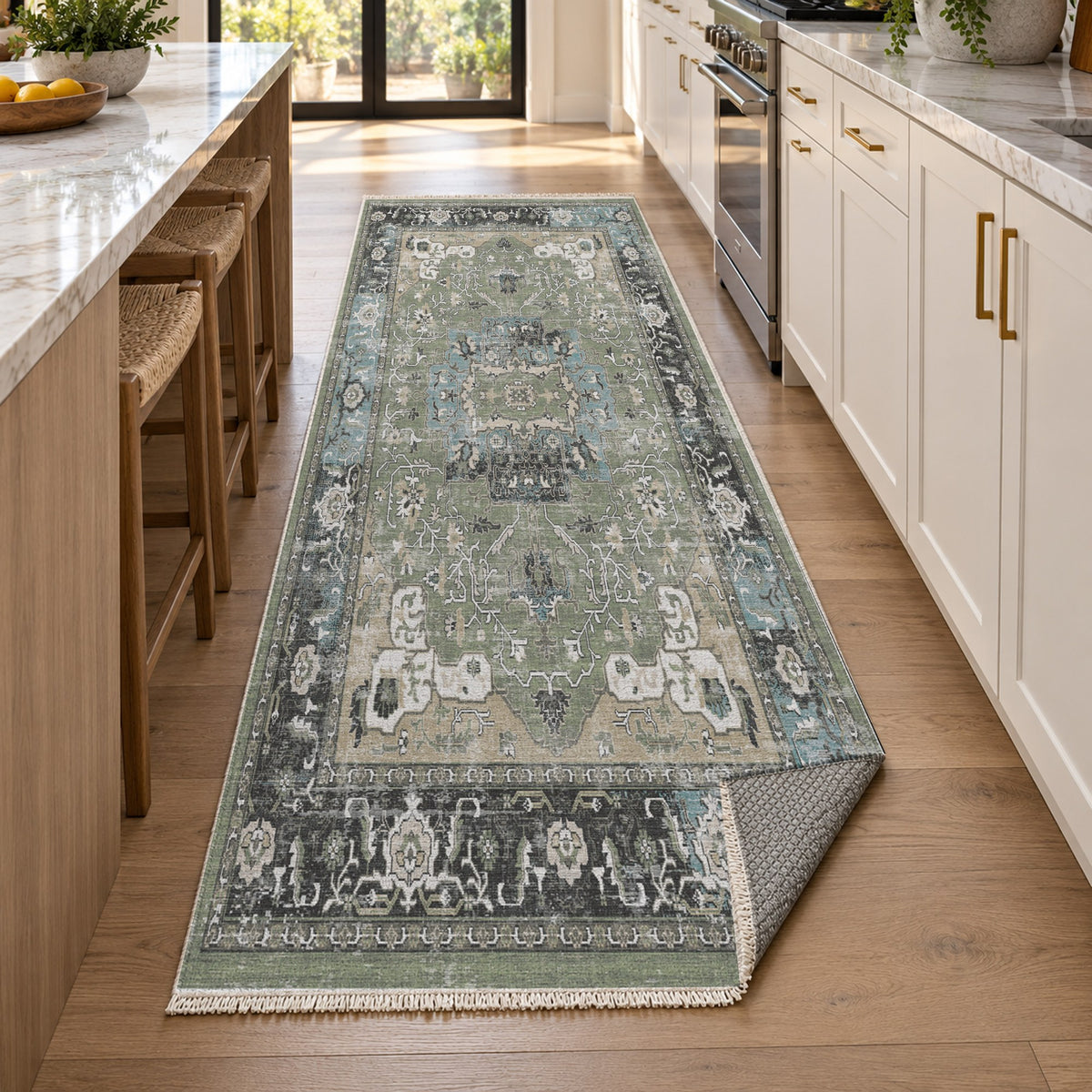 Tabriz Medallion Sage Vintage Washable Rug — new york kitchen runner