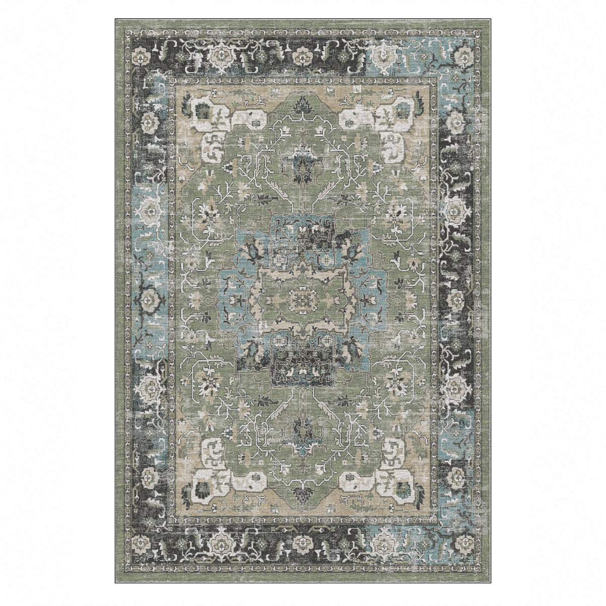 Tabriz Medallion Sage Vintage Washable Rug — top view