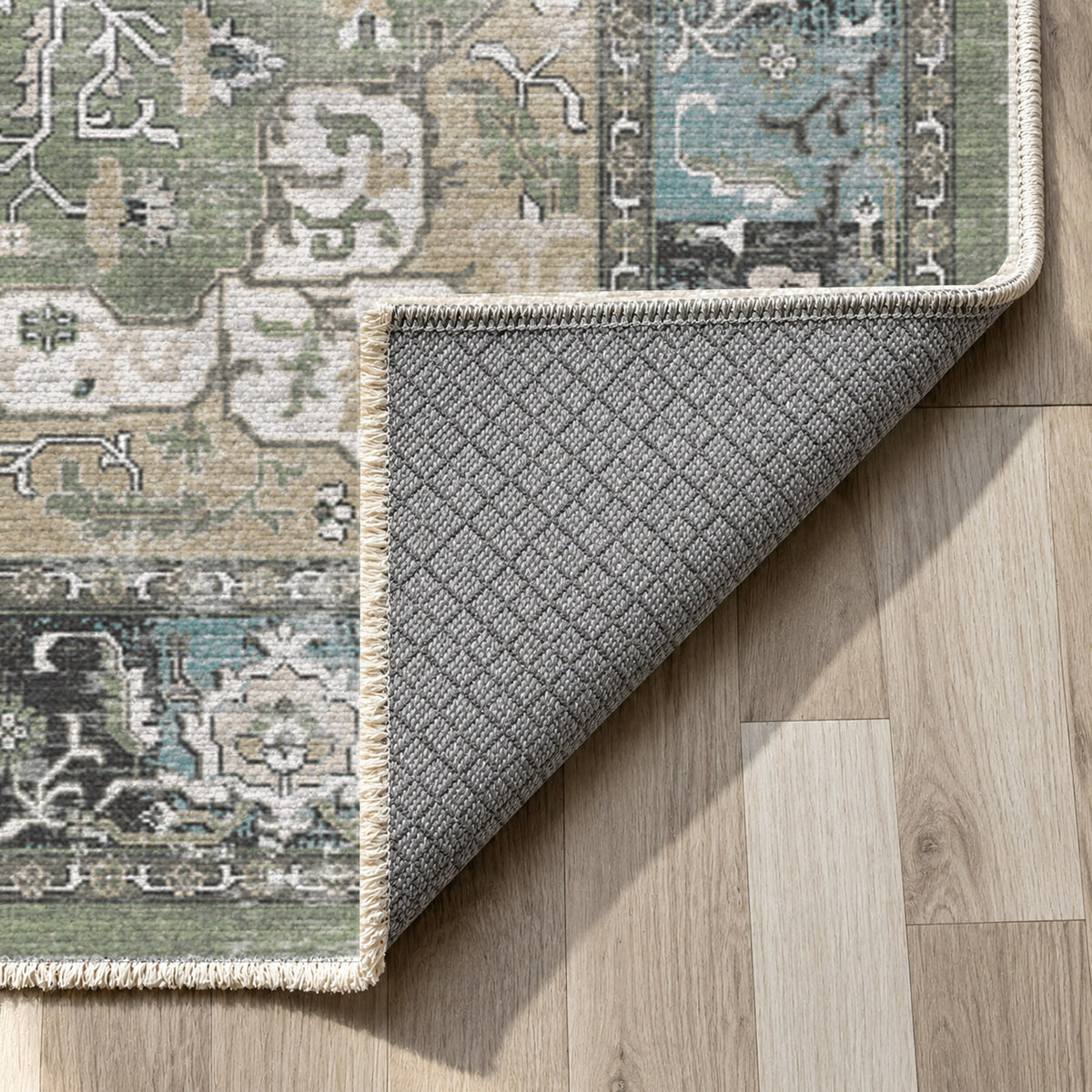 Tabriz Medallion Sage Vintage Washable Rug — backing close up