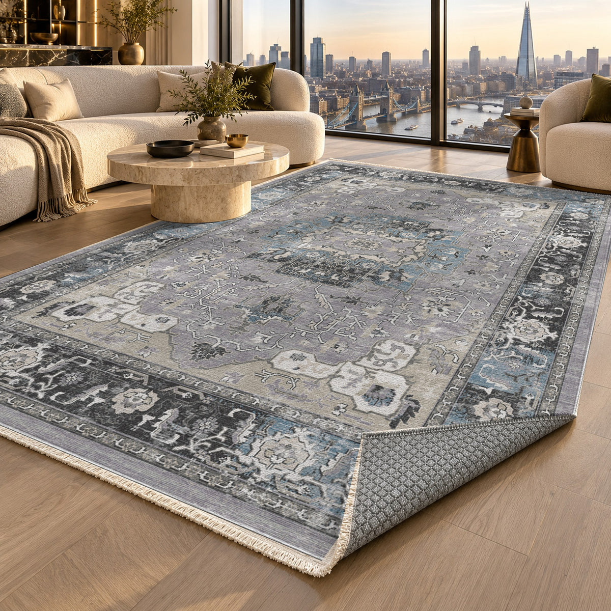 Tabriz Medallion Silver Grey Vintage Washable Rug — london luxury living