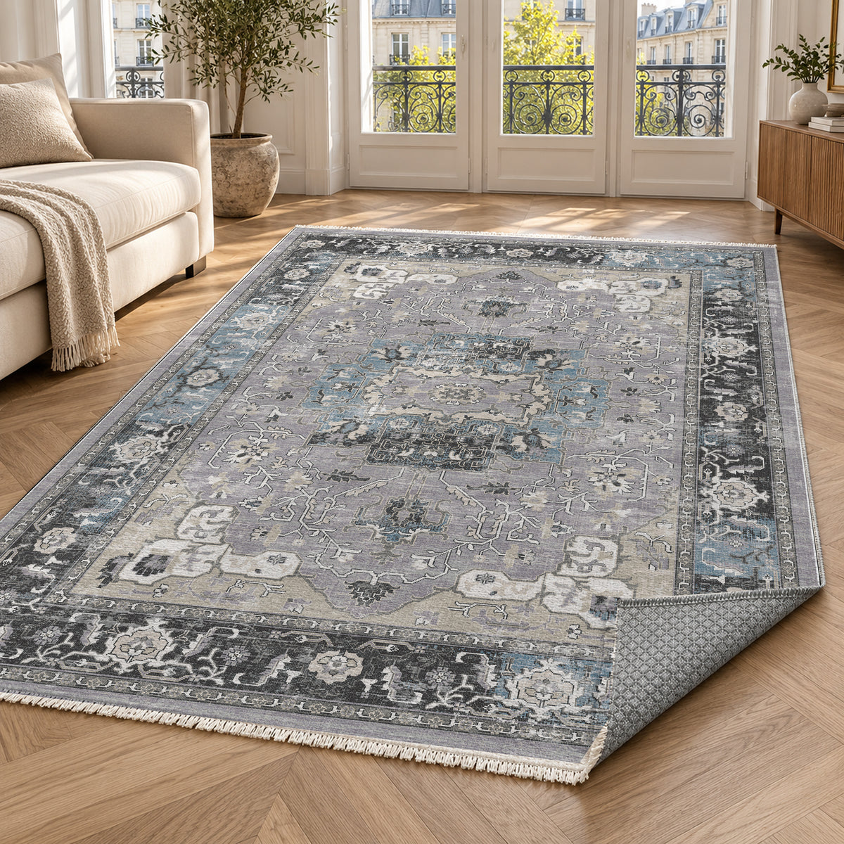 Tabriz Medallion Silver Grey Vintage Washable Rug — paris living