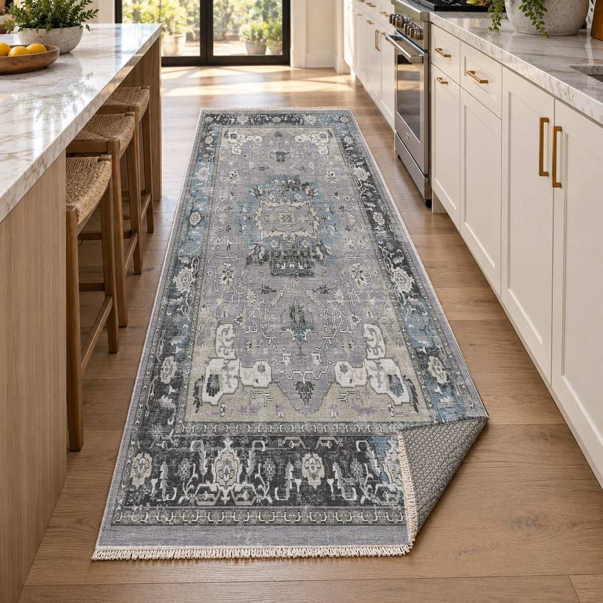 Tabriz Medallion Silver Grey Vintage Washable Rug — new york kitchen runner