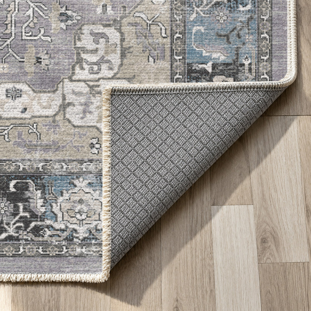 Tabriz Medallion Silver Grey Vintage Washable Rug — backing close up