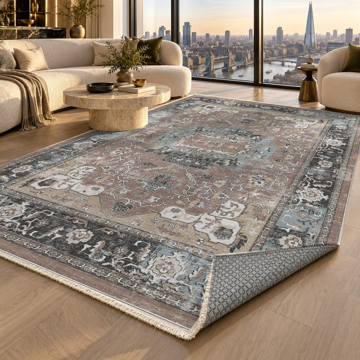 Tabriz Medallion Taupe Vintage Washable Rug — london luxury living