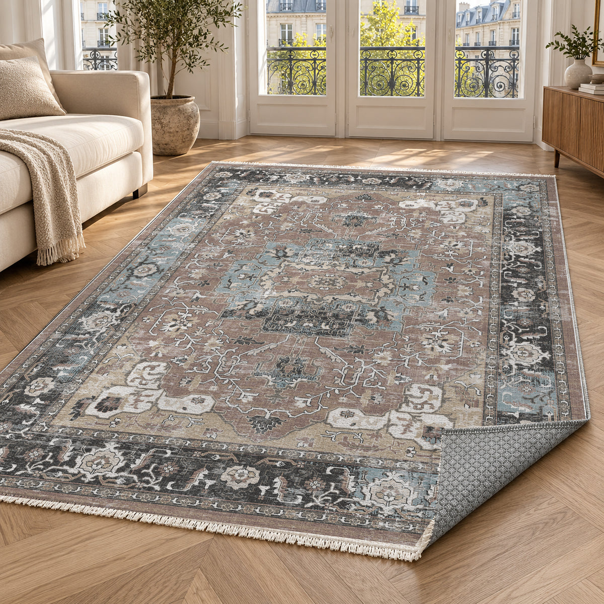Tabriz Medallion Taupe Vintage Washable Rug — paris living