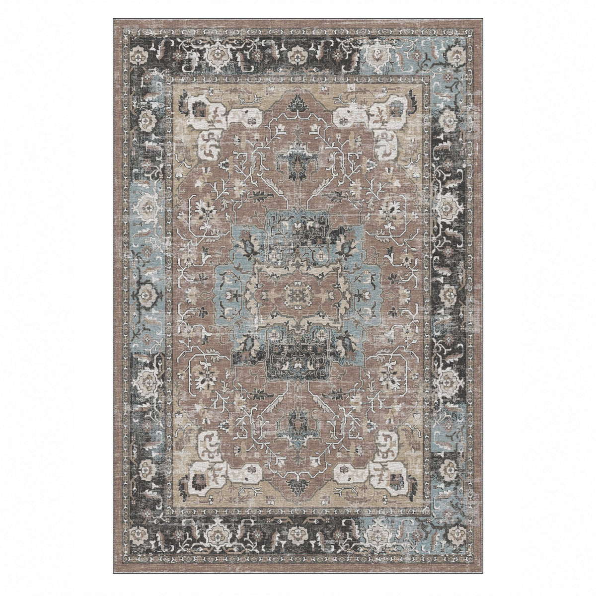 Tabriz Medallion Taupe Vintage Washable Rug — top view