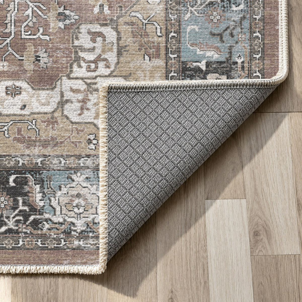 Tabriz Medallion Taupe Vintage Washable Rug — backing close up