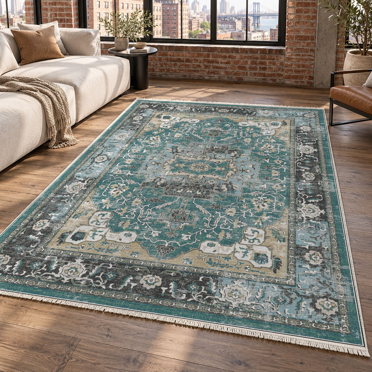 Tabriz Medallion Teal Vintage Washable Rug — new york living