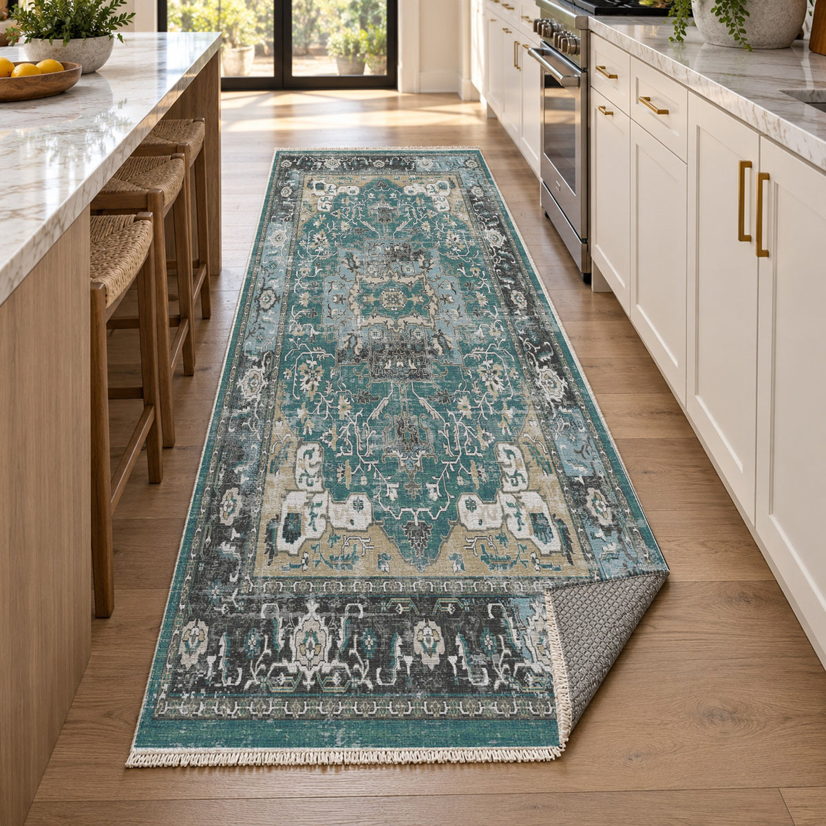 Tabriz Medallion Teal Vintage Washable Rug — new york kitchen runner