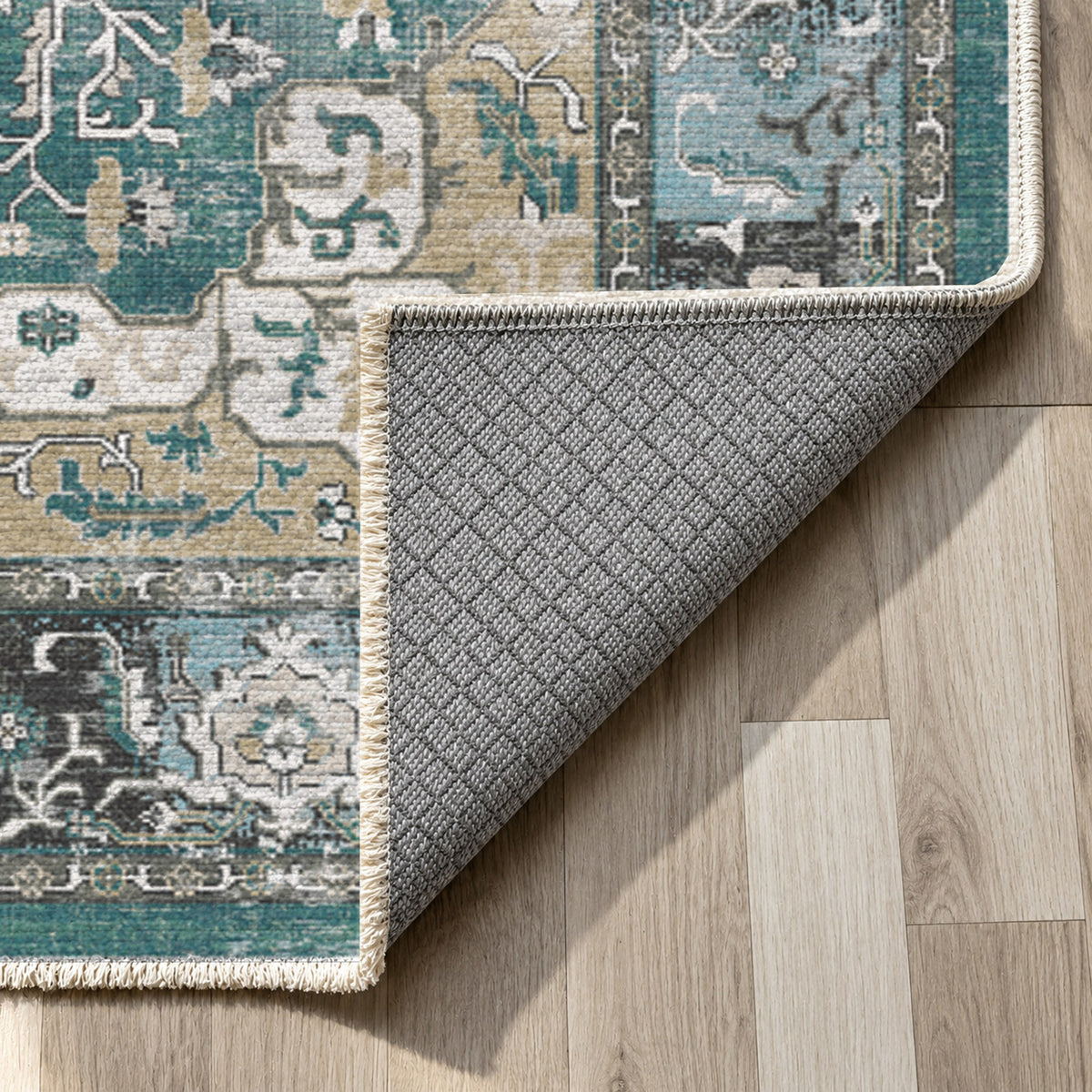 Tabriz Medallion Teal Vintage Washable Rug — backing close up