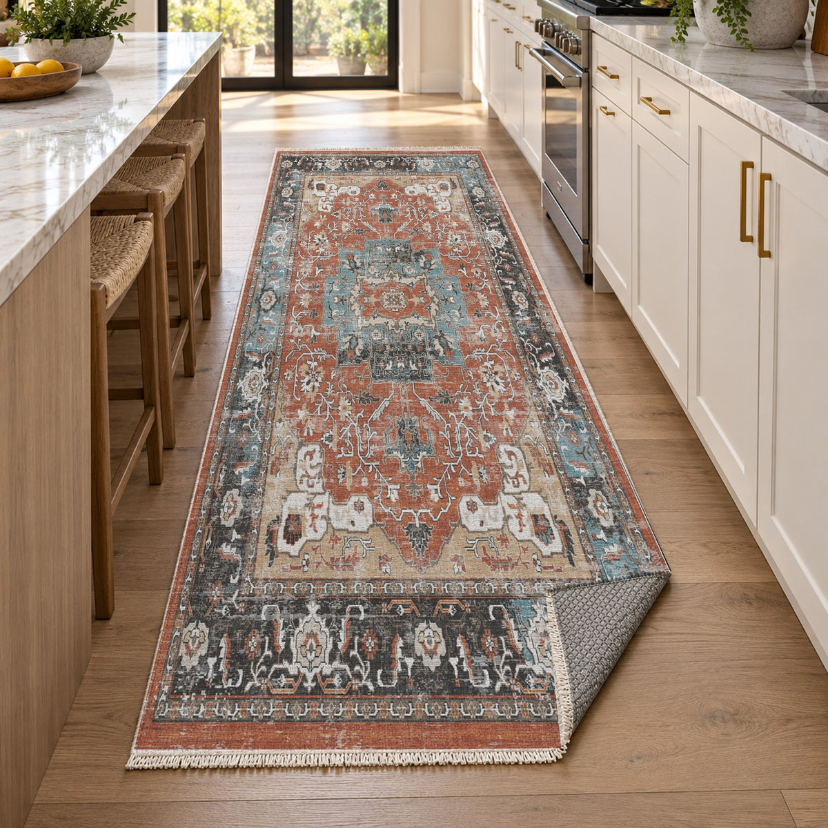 Tabriz Medallion Terracotta Vintage Washable Rug — new york kitchen runner
