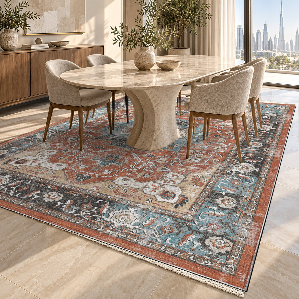 Tabriz Medallion Terracotta Vintage Washable Rug — dubai dining