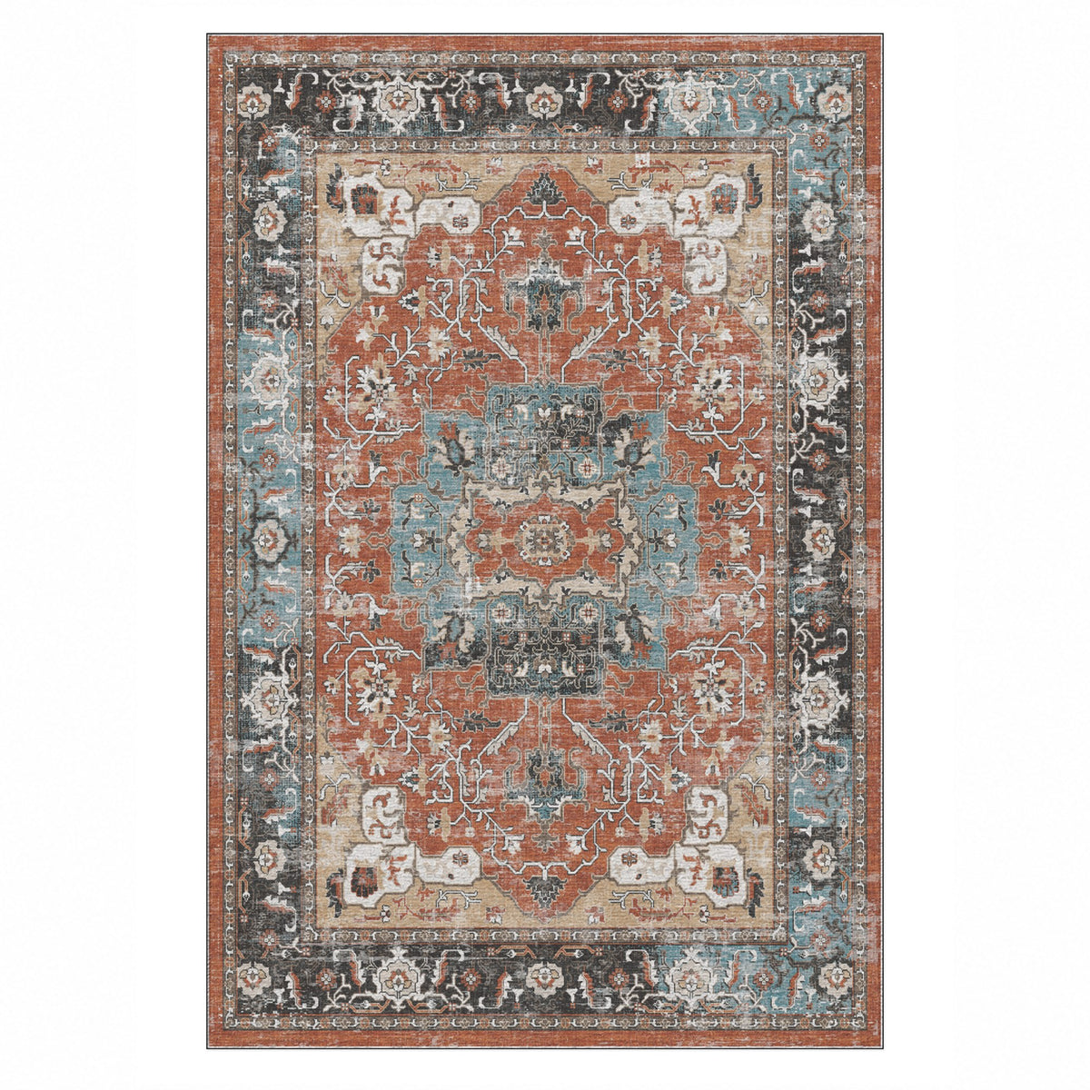 Tabriz Medallion Terracotta Vintage Washable Rug — top view
