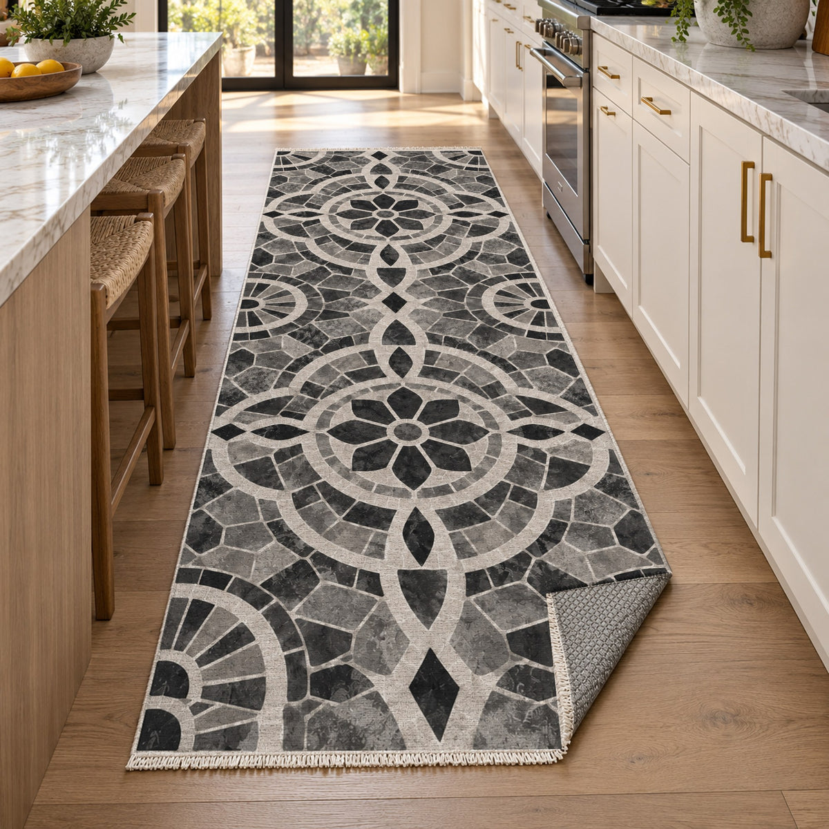 Terracotta Tiles Charcoal Geometric Washable Rug — new york kitchen runner