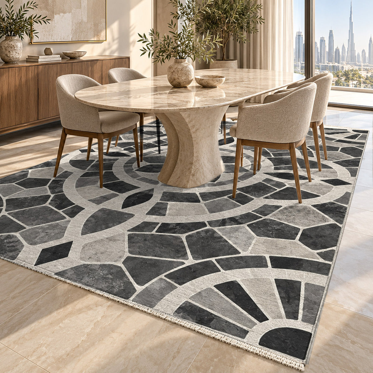 Terracotta Tiles Charcoal Geometric Washable Rug — dubai dining