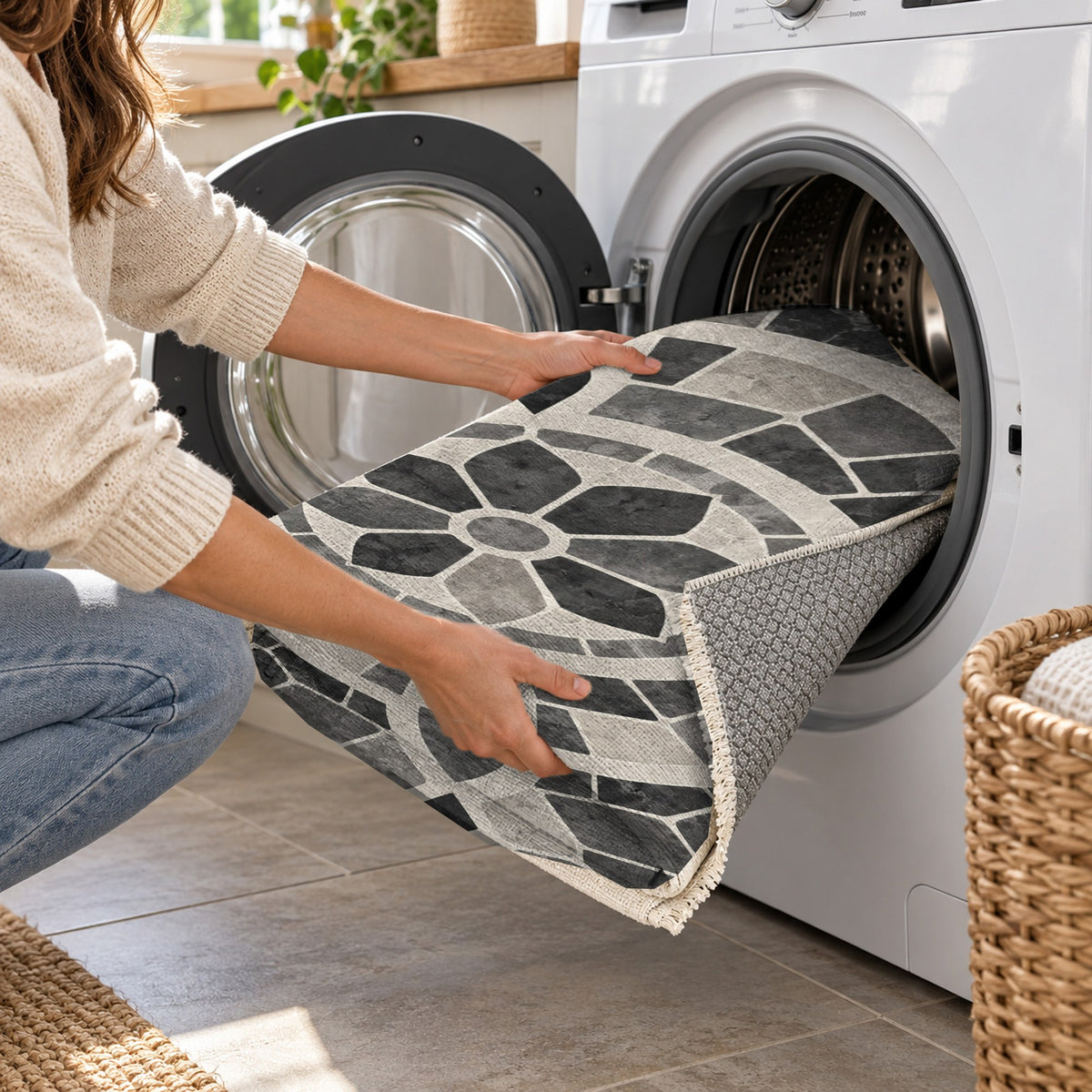 Terracotta Tiles Charcoal Geometric Washable Rug — washing machine
