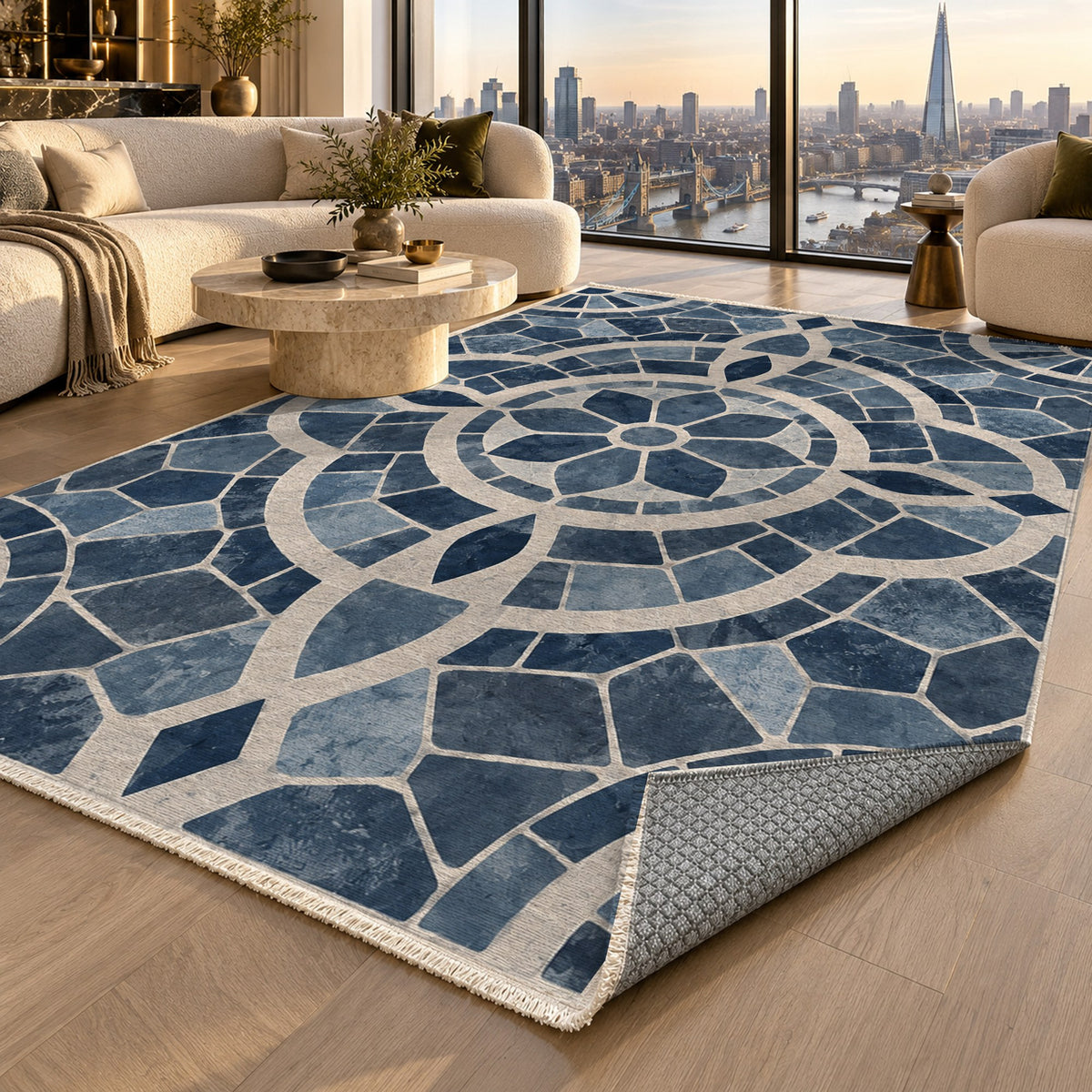 Terracotta Tiles Indigo Geometric Washable Rug — london luxury living