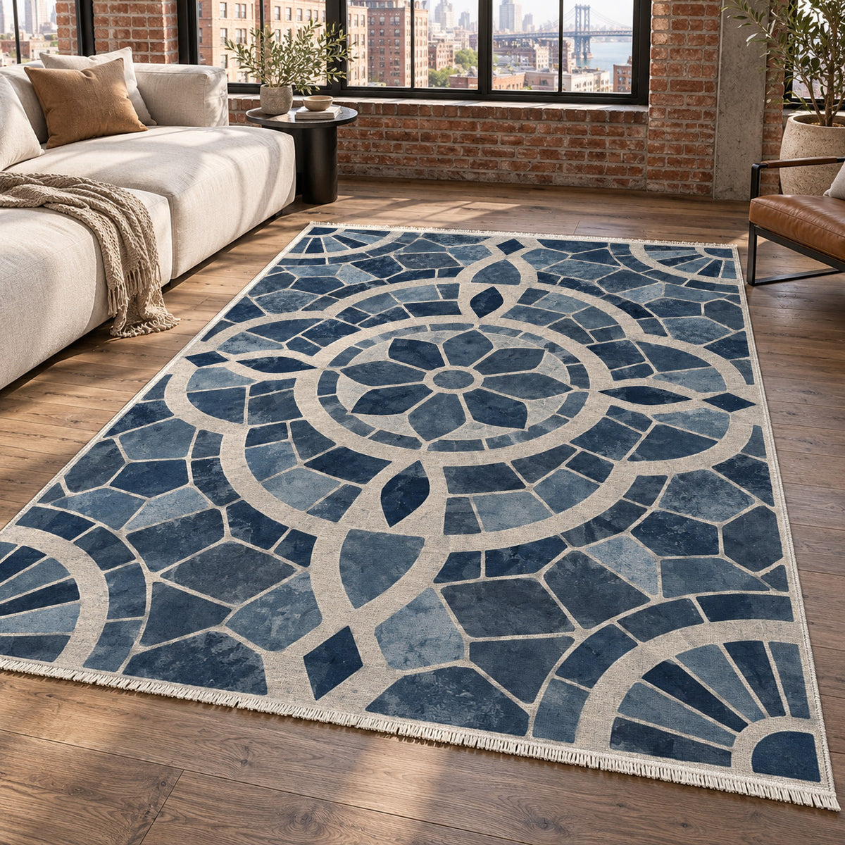 Terracotta Tiles Indigo Geometric Washable Rug — new york living