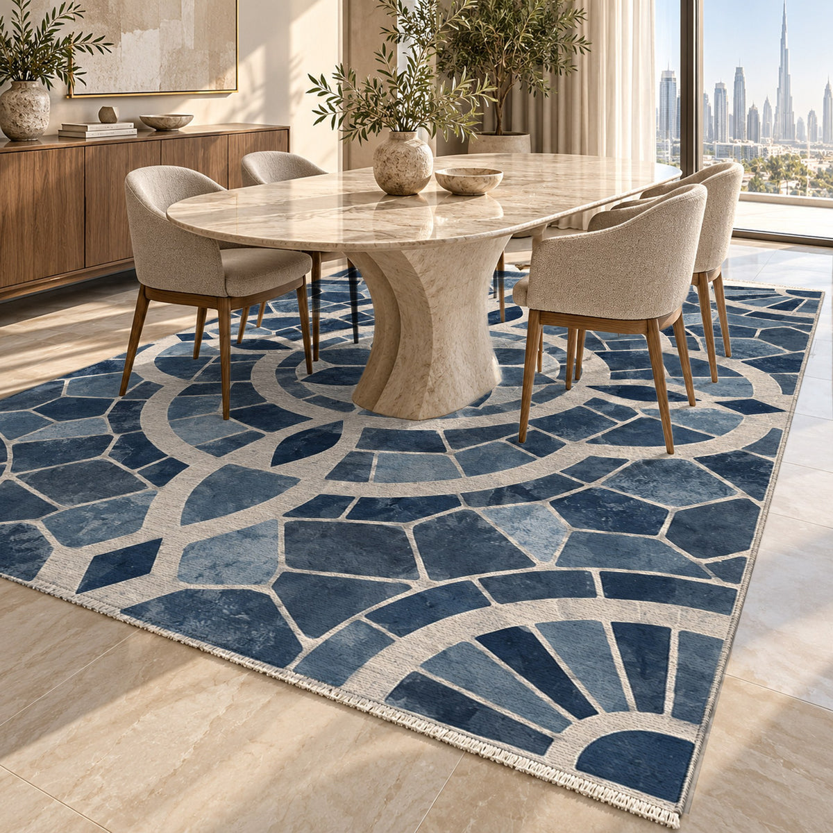 Terracotta Tiles Indigo Geometric Washable Rug — dubai dining