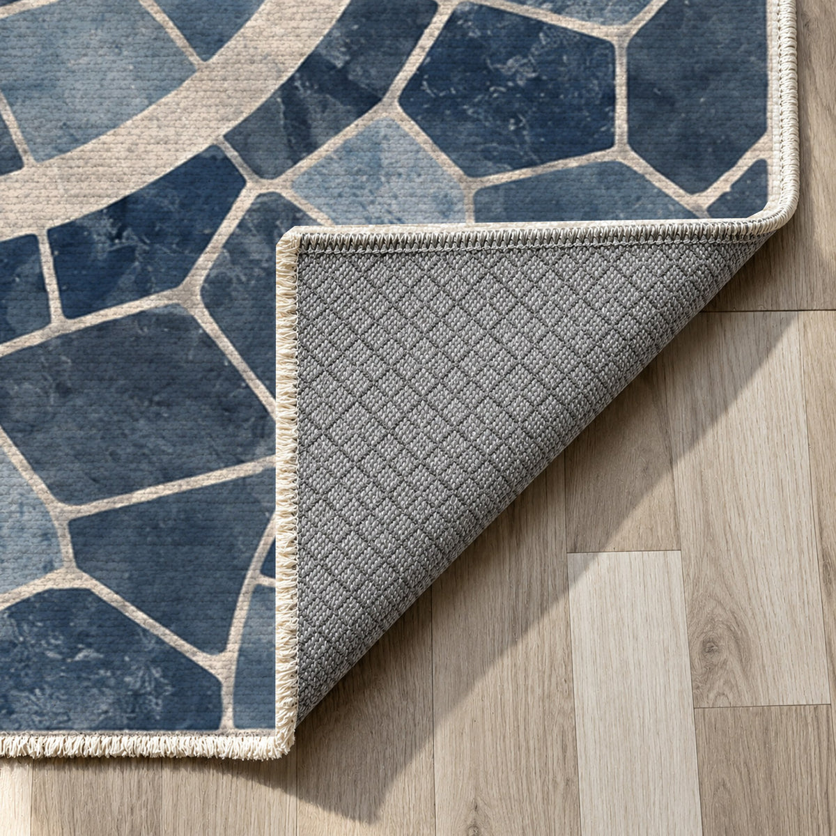 Terracotta Tiles Indigo Geometric Washable Rug — backing close up