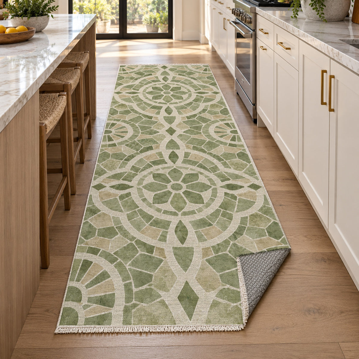 Terracotta Tiles Sage Geometric Washable Rug — new york kitchen runner