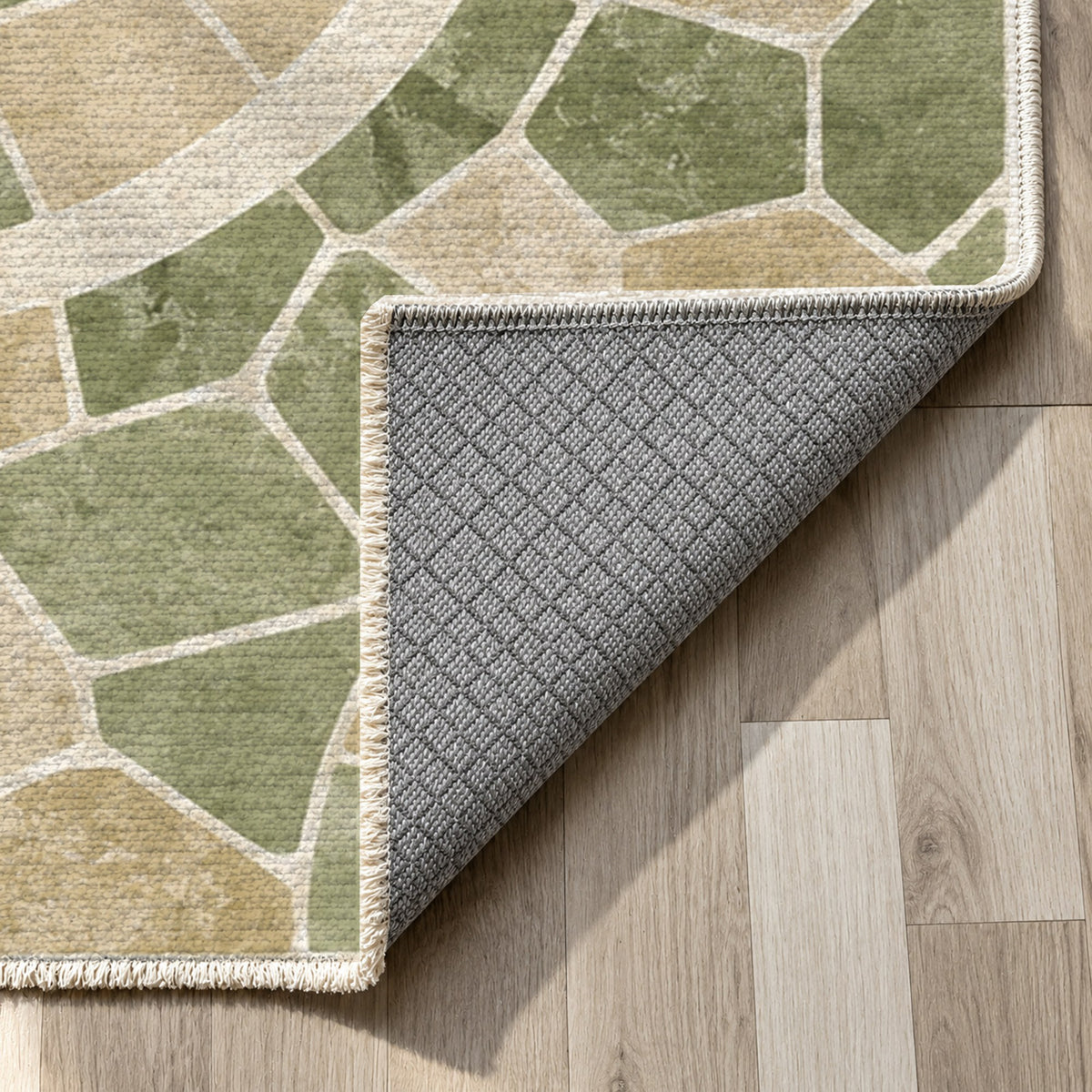 Terracotta Tiles Sage Geometric Washable Rug — backing close up