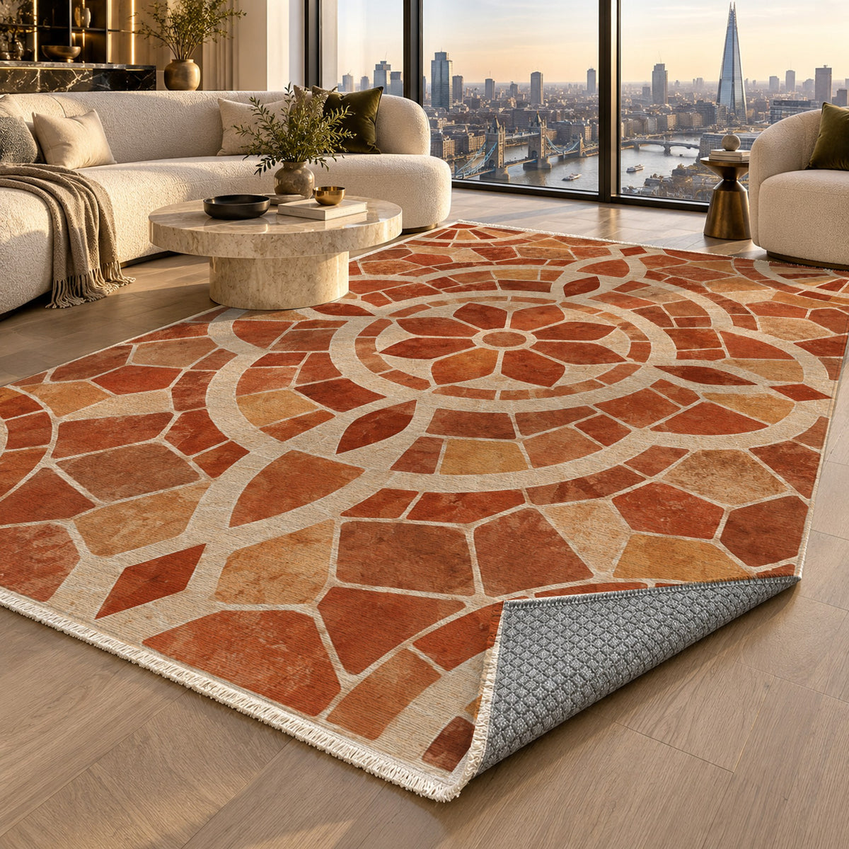 Terracotta Tiles Terracotta Geometric Washable Rug — london luxury living