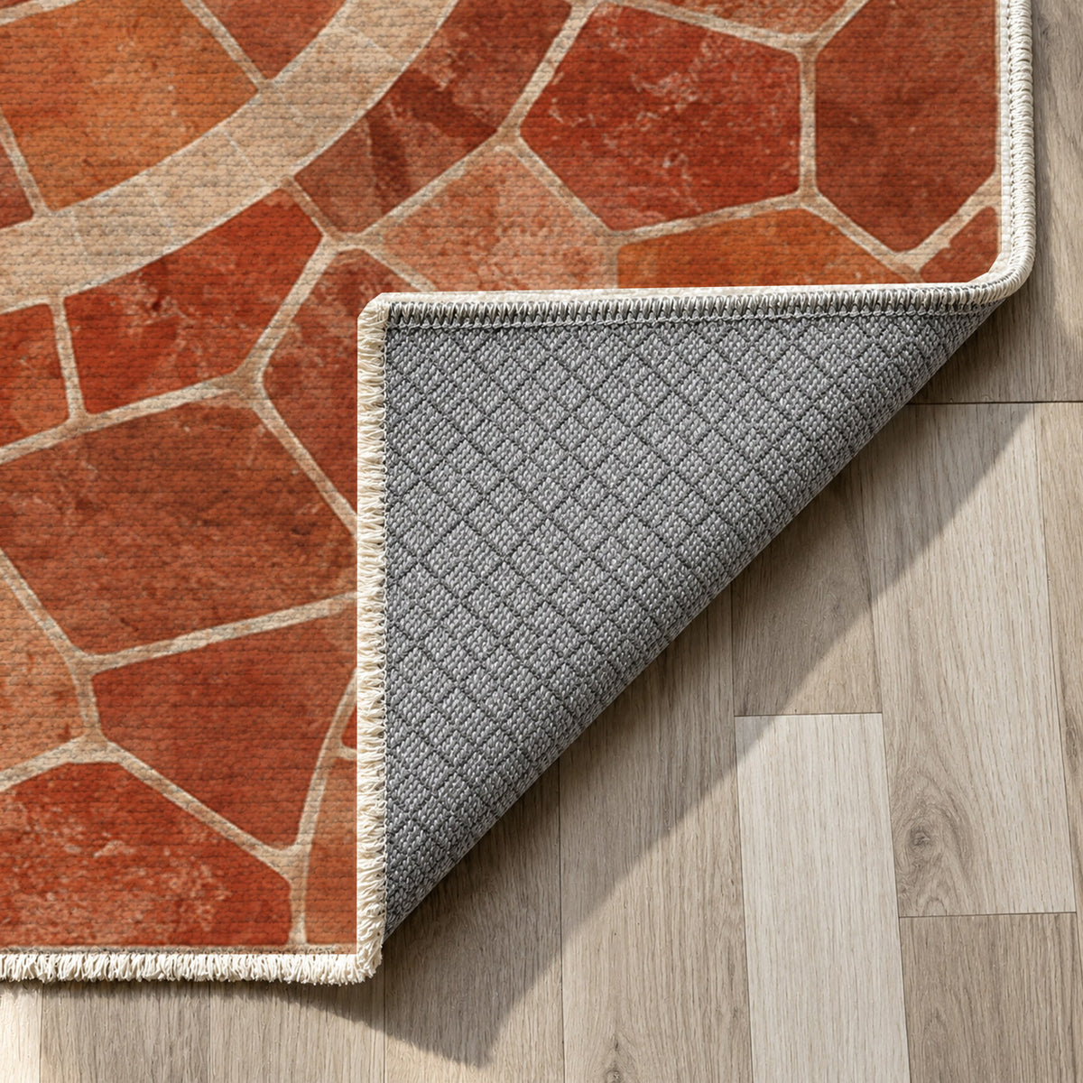 Terracotta Tiles Geometric Washable Rug — backing close up