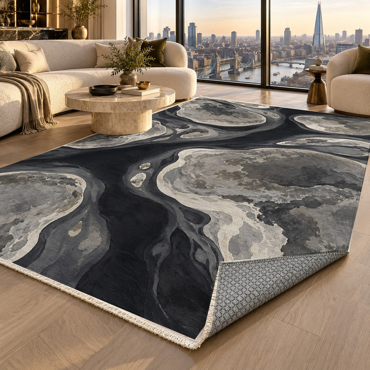 Tidal Islands Charcoal Abstract Washable Rug — london luxury living