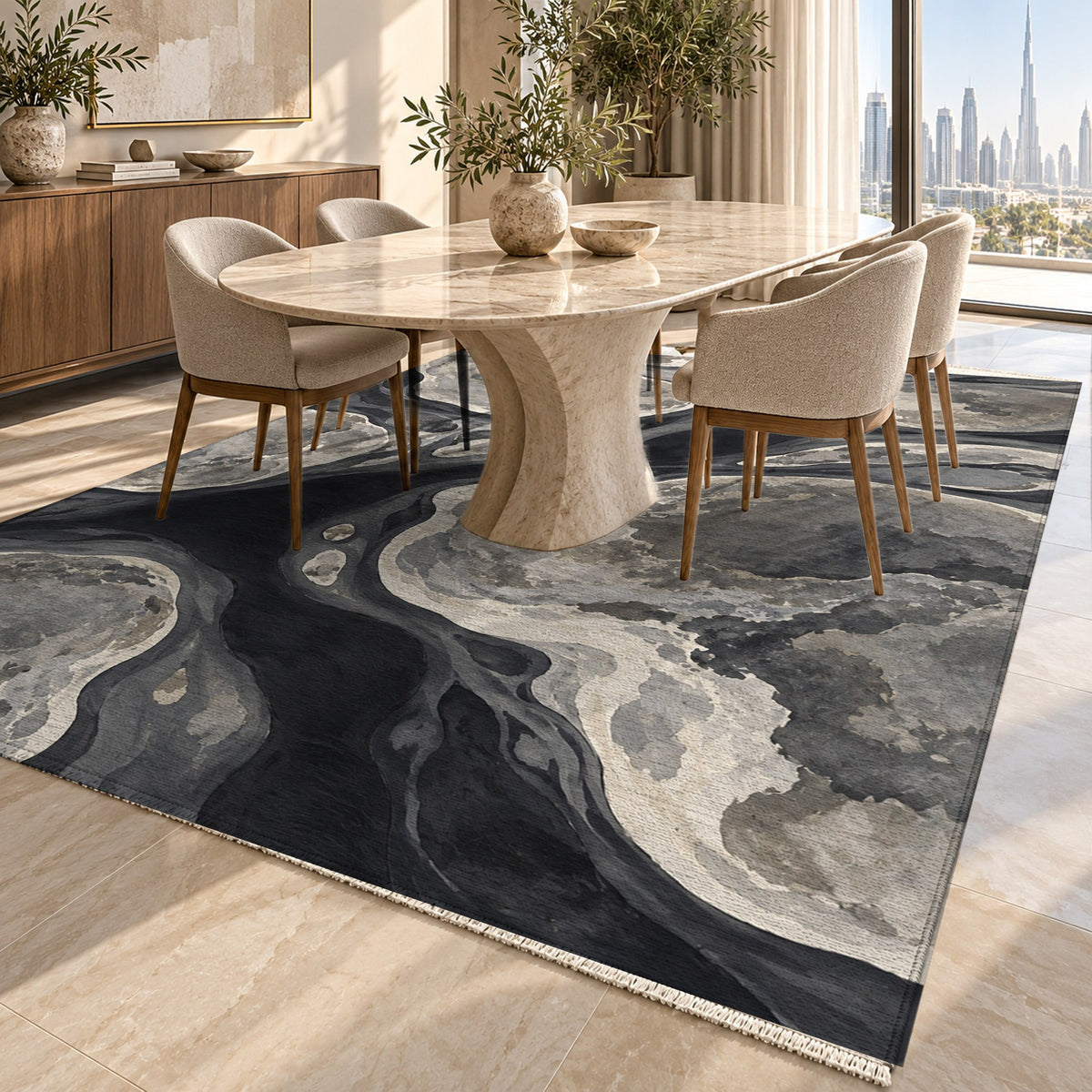 Tidal Islands Charcoal Abstract Washable Rug — dubai dining