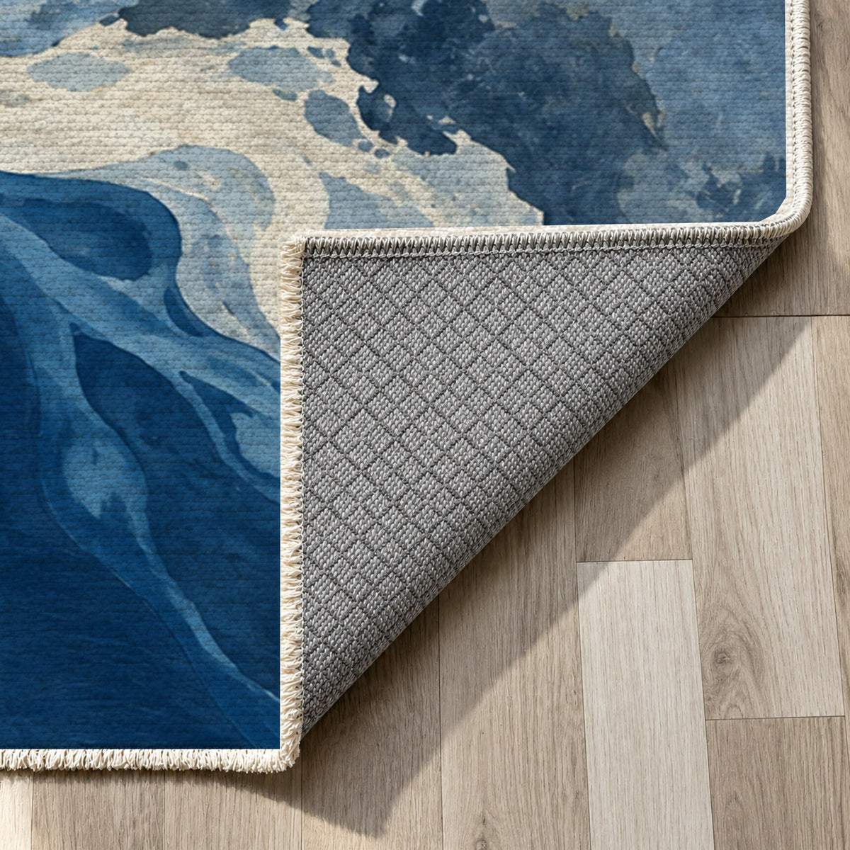Tidal Islands Indigo Abstract Washable Rug — backing close up