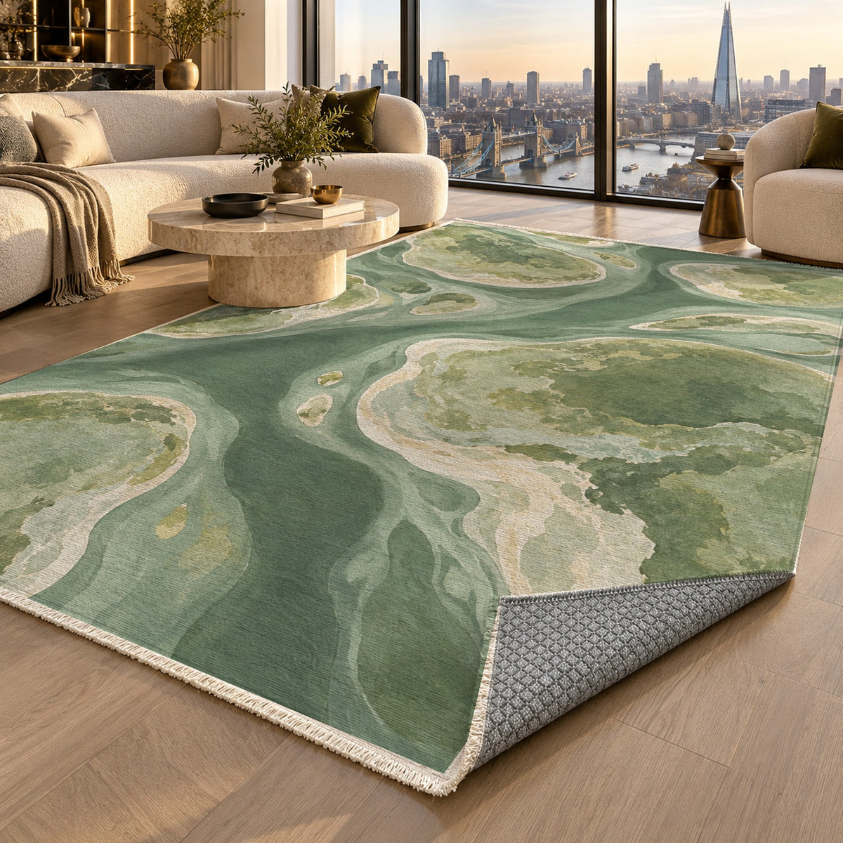 Tidal Islands Sage Abstract Washable Rug — london luxury living