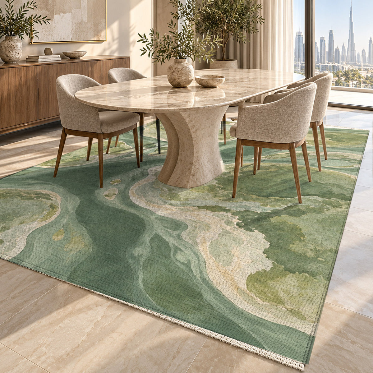 Tidal Islands Sage Abstract Washable Rug — dubai dining