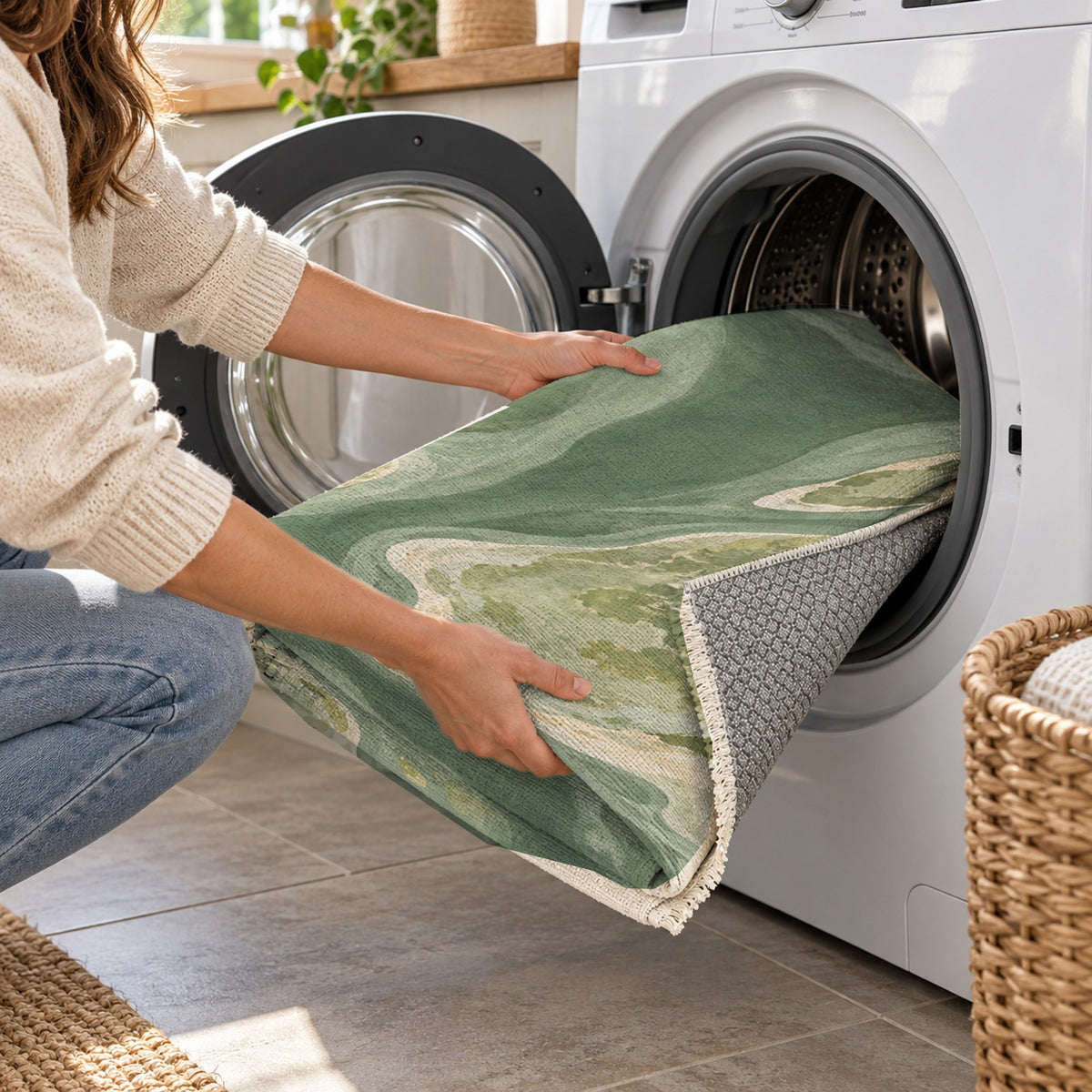 Tidal Islands Sage Abstract Washable Rug — washing machine