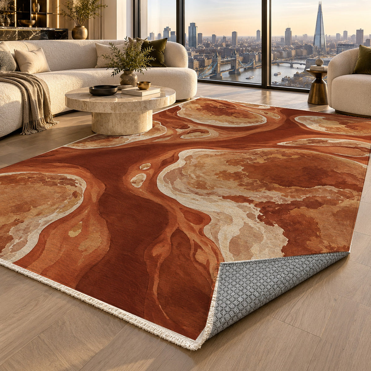 Tidal Islands Terracotta Abstract Washable Rug — london luxury living