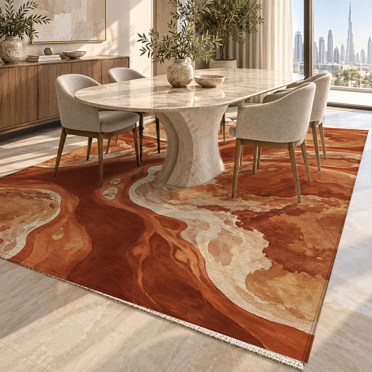 Tidal Islands Terracotta Abstract Washable Rug — dubai dining