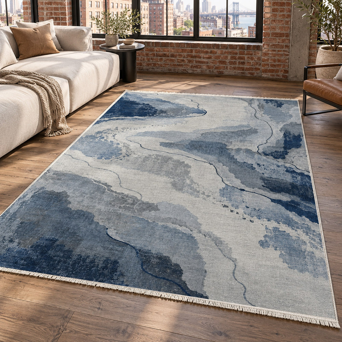Tidal Traces Blue Grey Abstract Washable Rug — new york living
