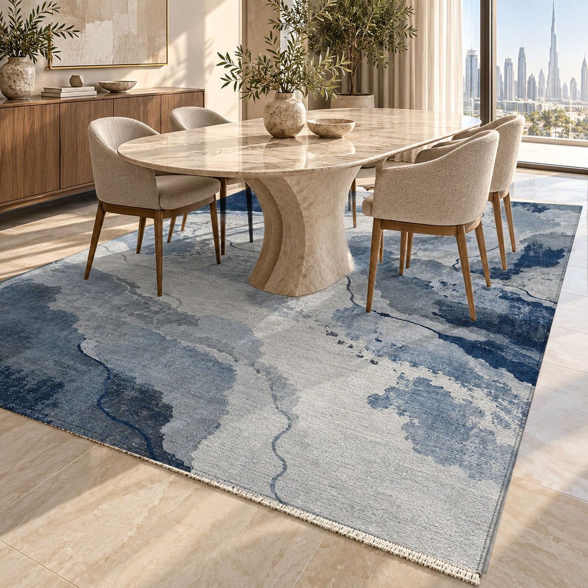 Tidal Traces Blue Grey Abstract Washable Rug — dubai dining