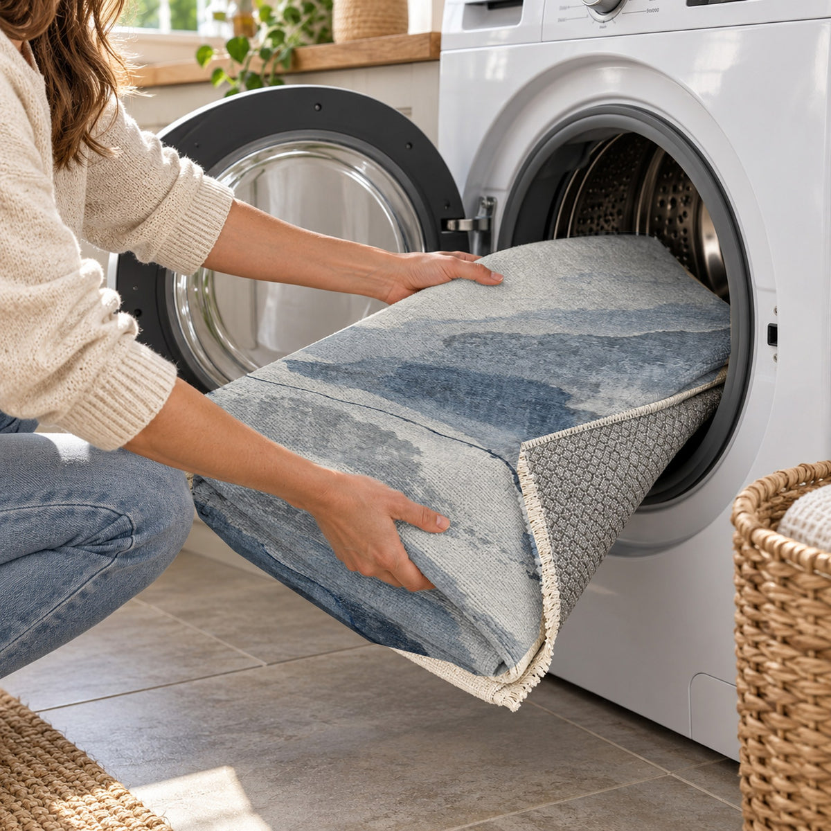 Tidal Traces Blue Grey Abstract Washable Rug — washing machine