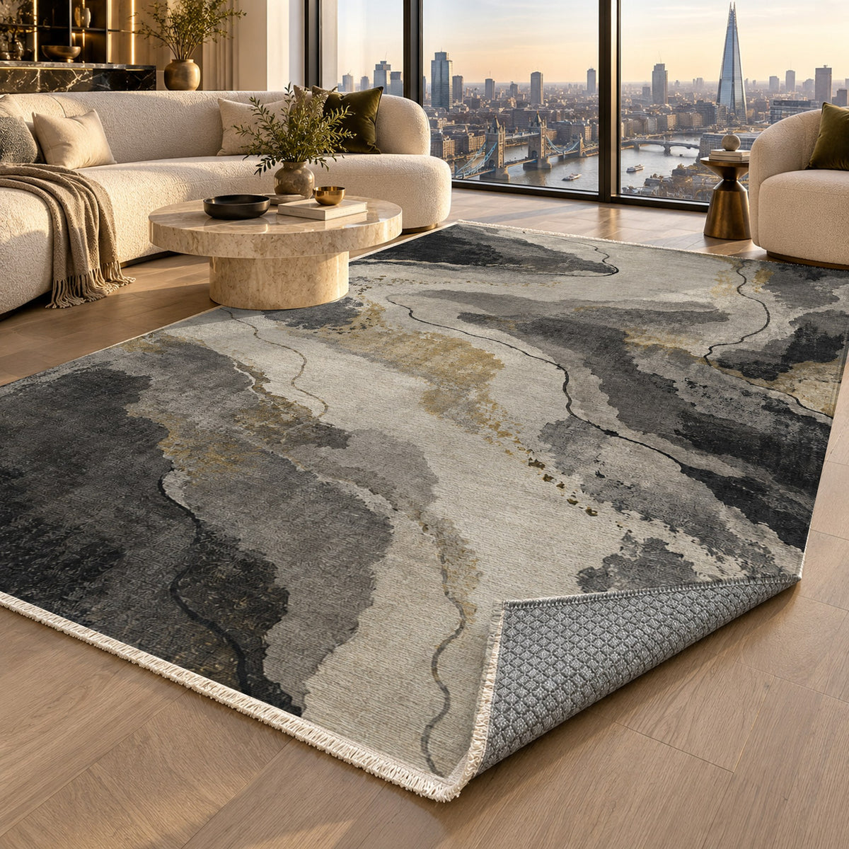 Tidal Traces Charcoal Gold Abstract Washable Rug — london luxury living