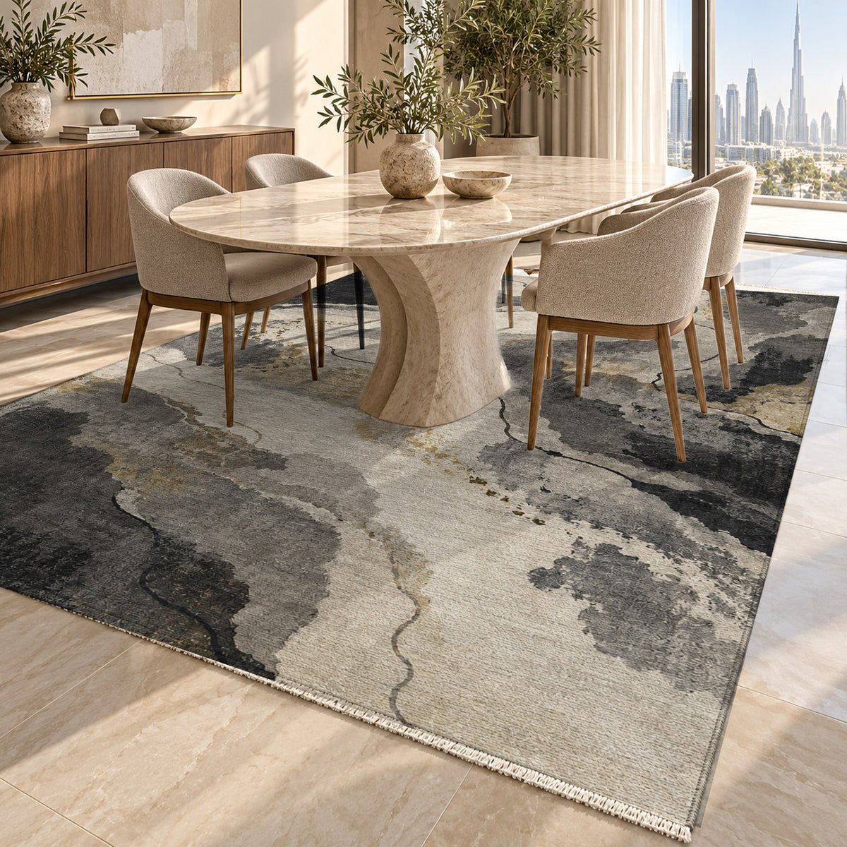 Tidal Traces Charcoal Gold Abstract Washable Rug — dubai dining