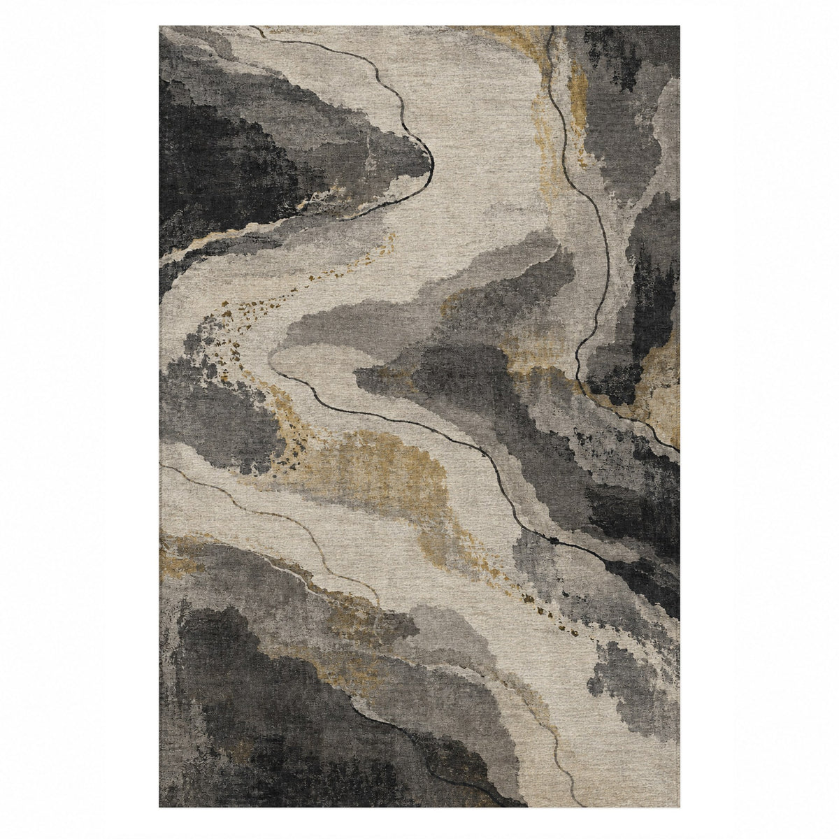 Tidal Traces Charcoal Gold Abstract Washable Rug — top view