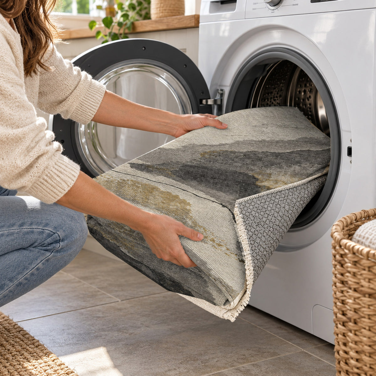 Tidal Traces Charcoal Gold Abstract Washable Rug — washing machine