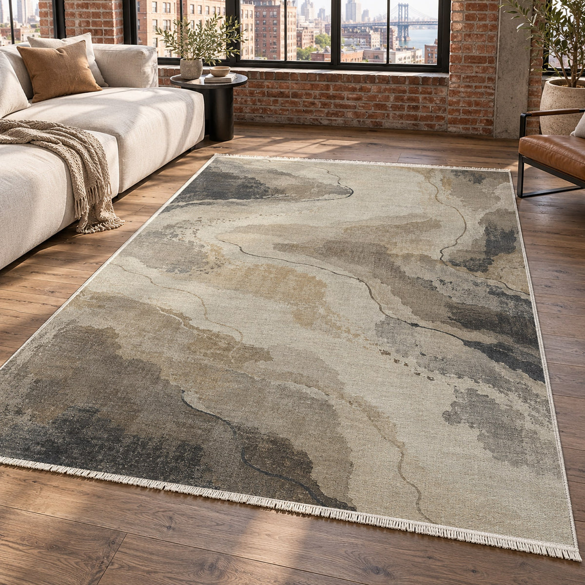 Tidal Traces Ivory Taupe Abstract Washable Rug — new york living