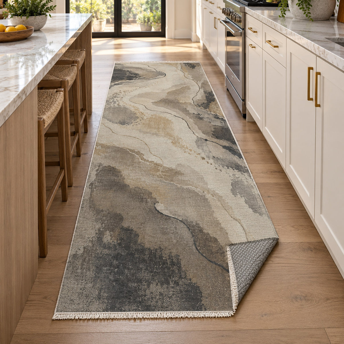 Tidal Traces Ivory Taupe Abstract Washable Rug — new york kitchen runner