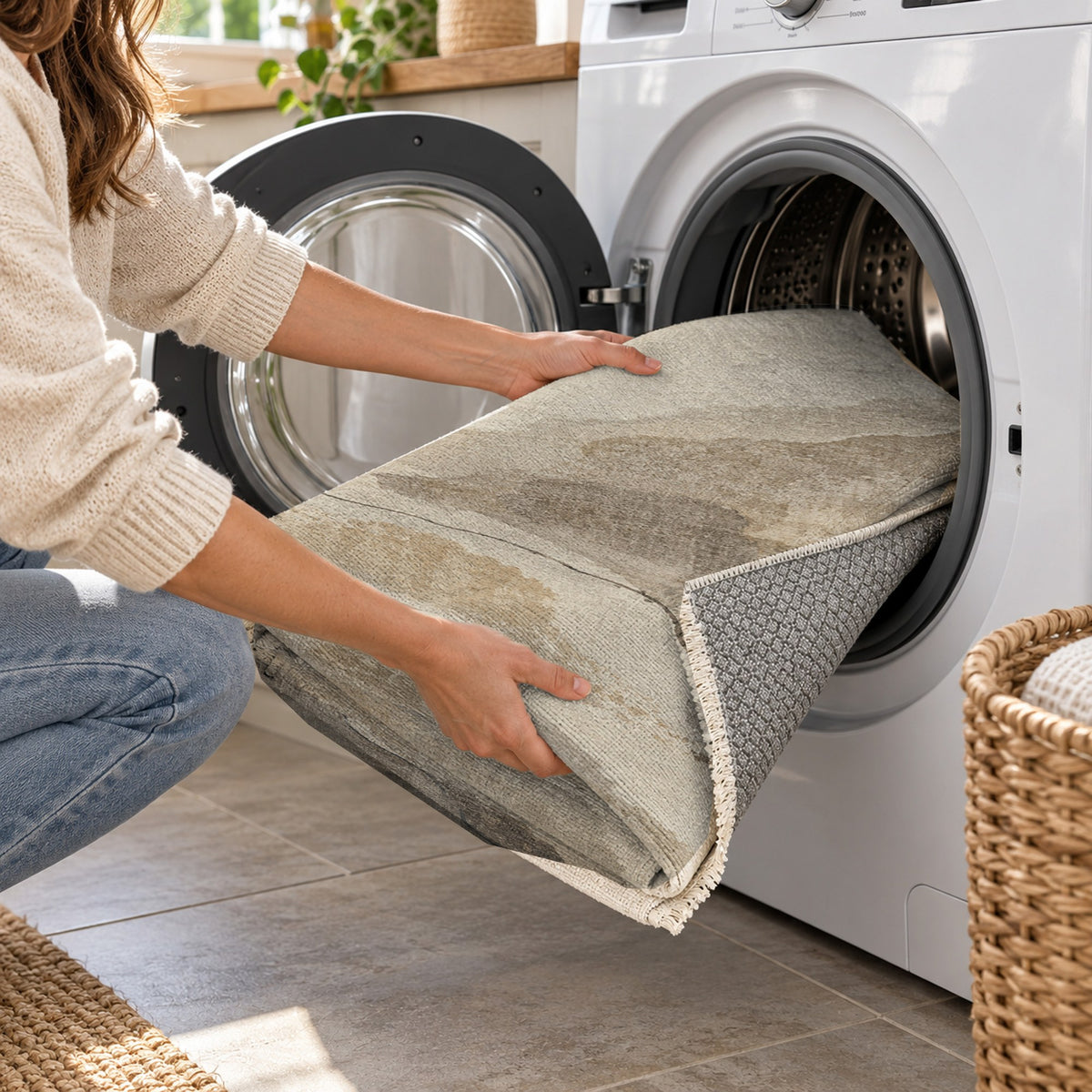 Tidal Traces Ivory Taupe Abstract Washable Rug — washing machine